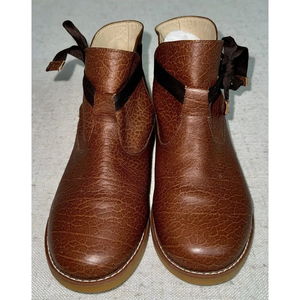 ELEPHANTITO Brown Leather Bow Ribbon Sunny Ankle Boots‎ Bootie Girls 1.5
